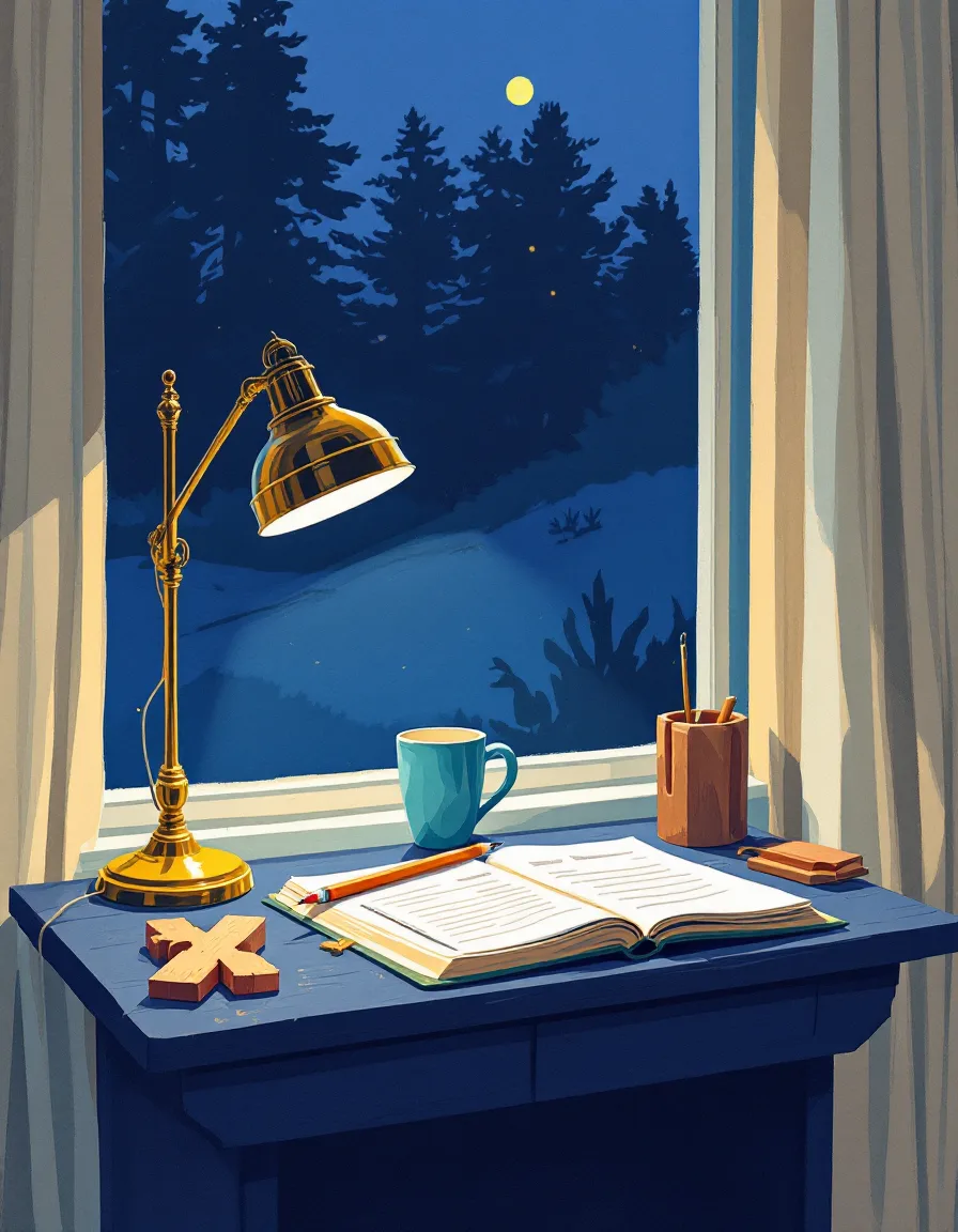 Painted bookkeeper's desk with an open ledger, brass lamp, carpenter's pencil and a dovetail joint sample