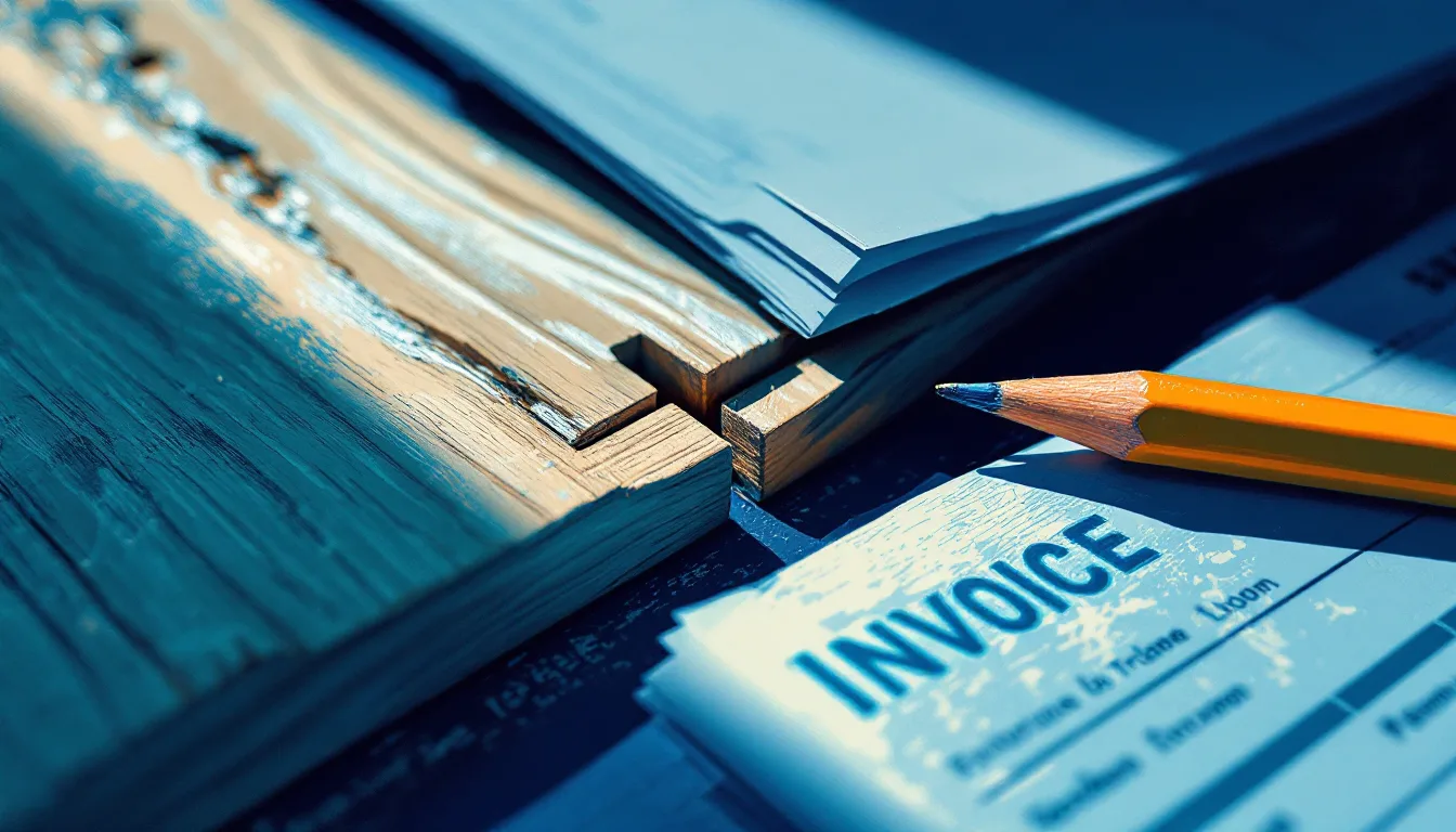Painted close-up of a hand-cut dovetail joint beside a pencil and invoice
